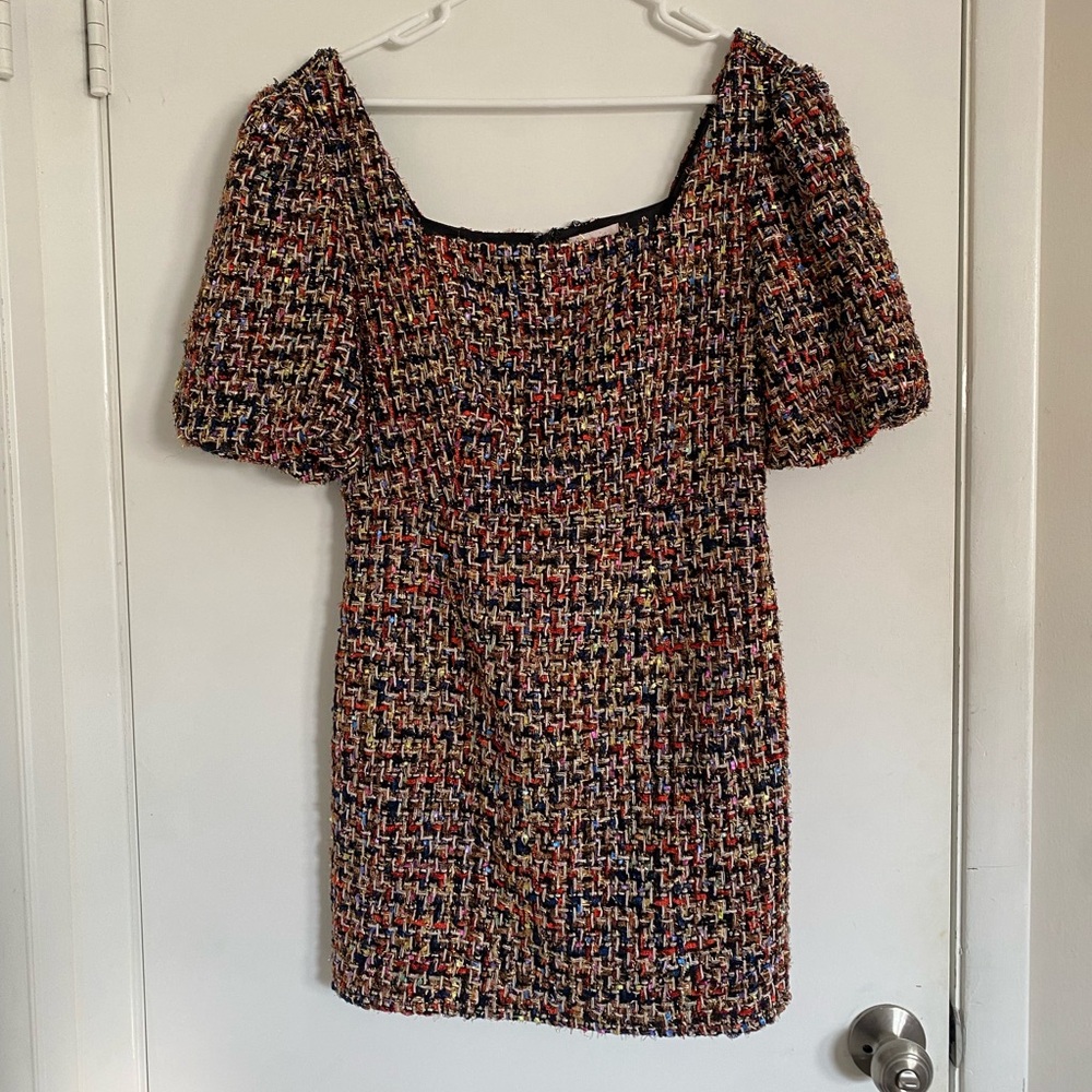 Pink Lily Colorful Tweed Puff Sleeve Dress